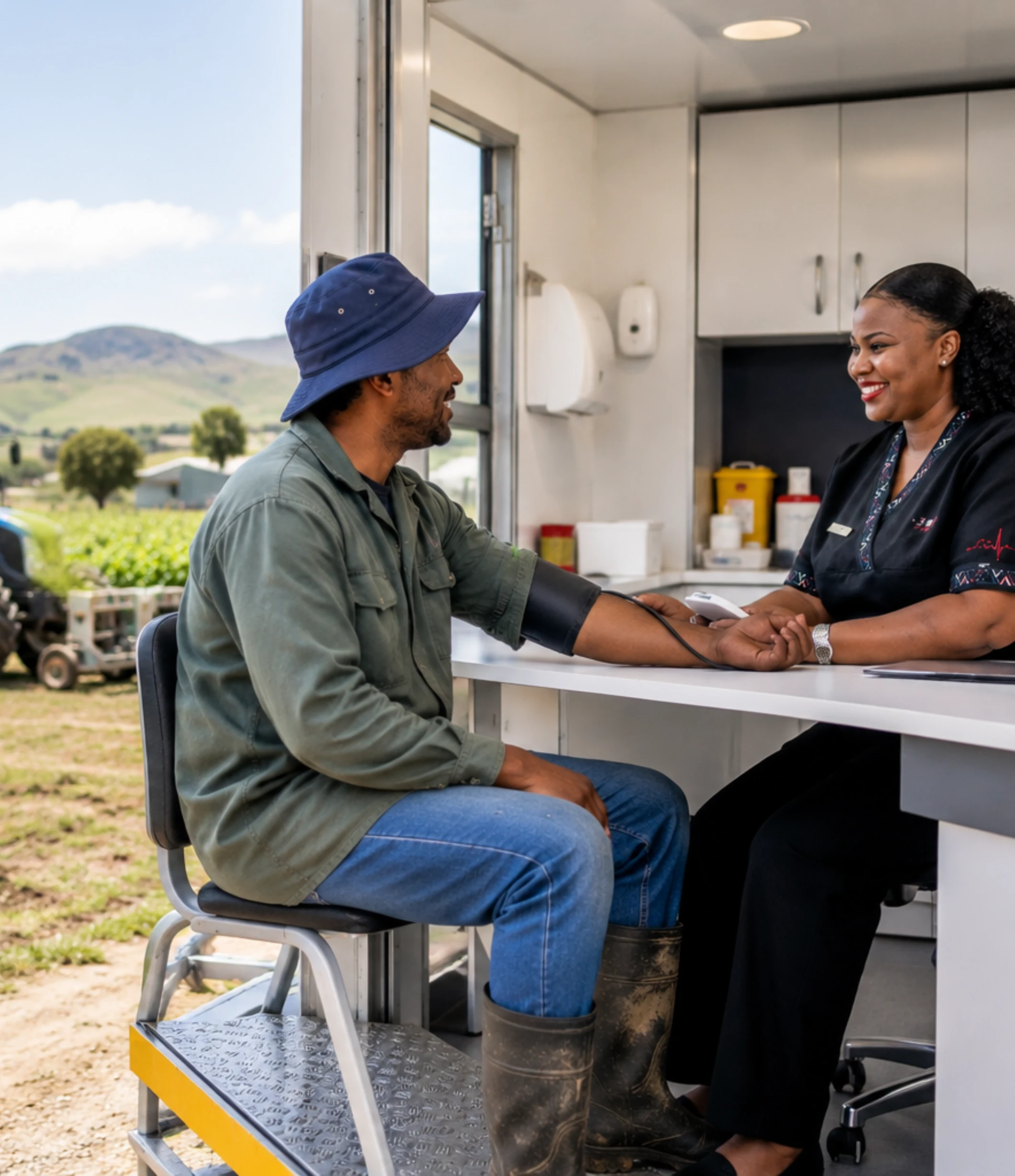 A farm worker having a Care Net medical at a mobile station, with a nurse recording on a tablet
