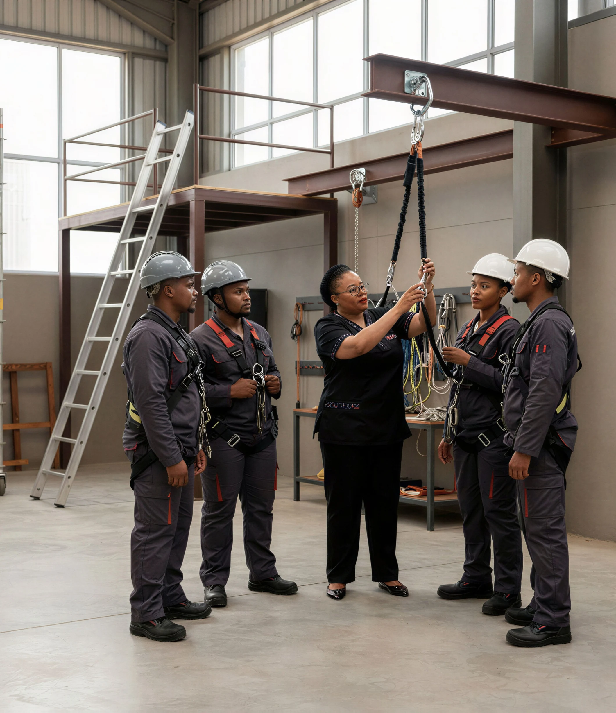Working at heights training at the Care Net Midrand centre, with the scaffold rig alongside