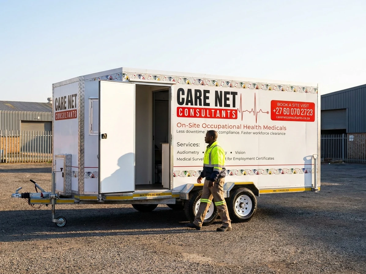 A relaxed Saturday queue moving through a Care Net mobile clinic at a quiet site gate