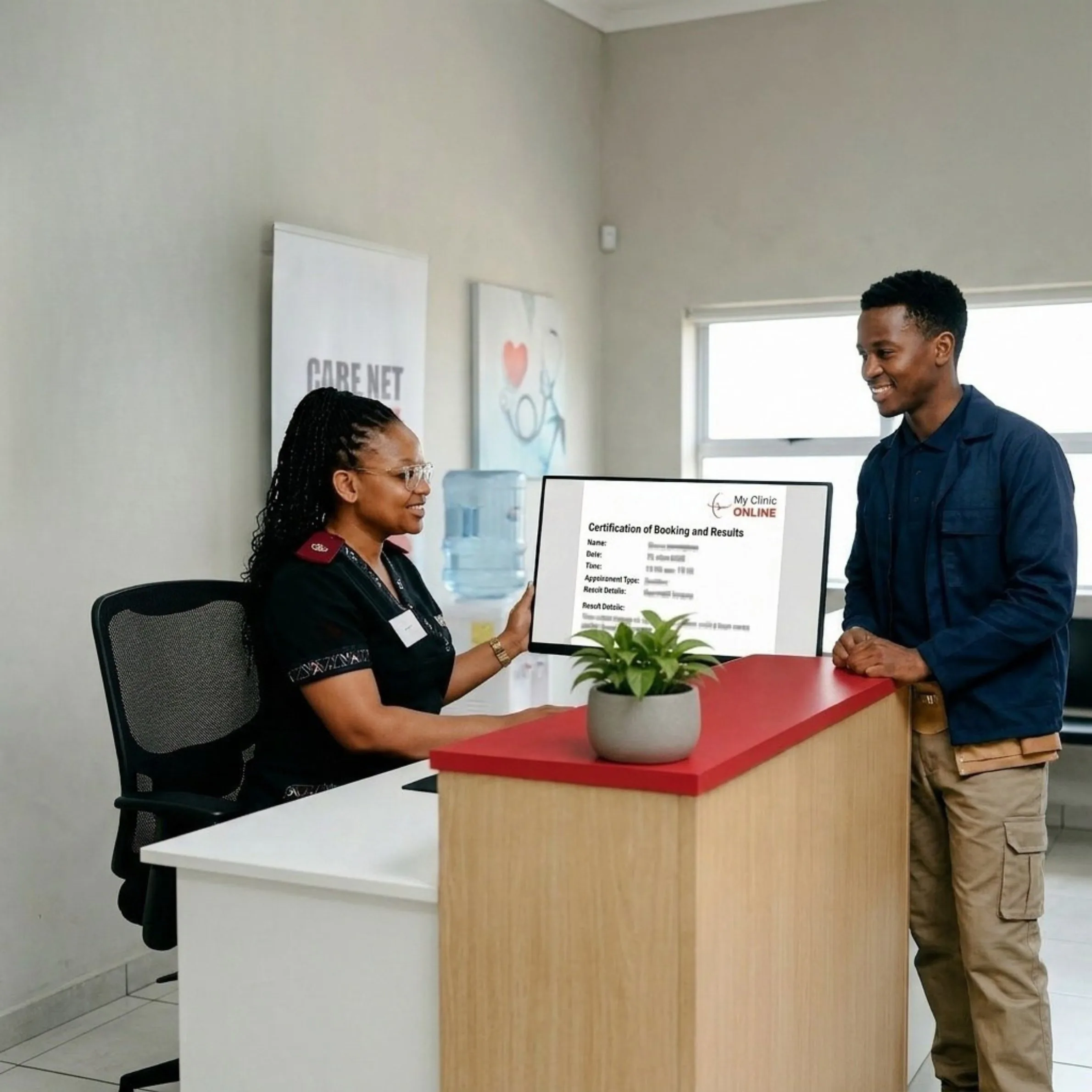 A Care Net practitioner shows a worker his verified record on My Clinic Online