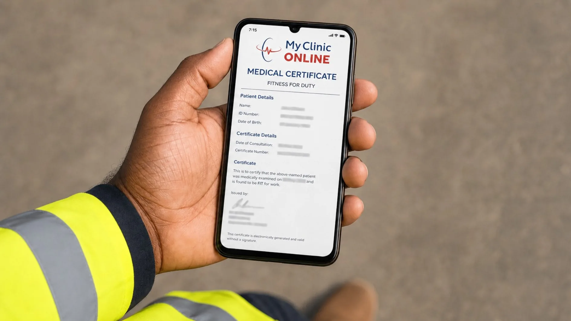 A worker checking a certificate of fitness on My Clinic Online from a phone on site.