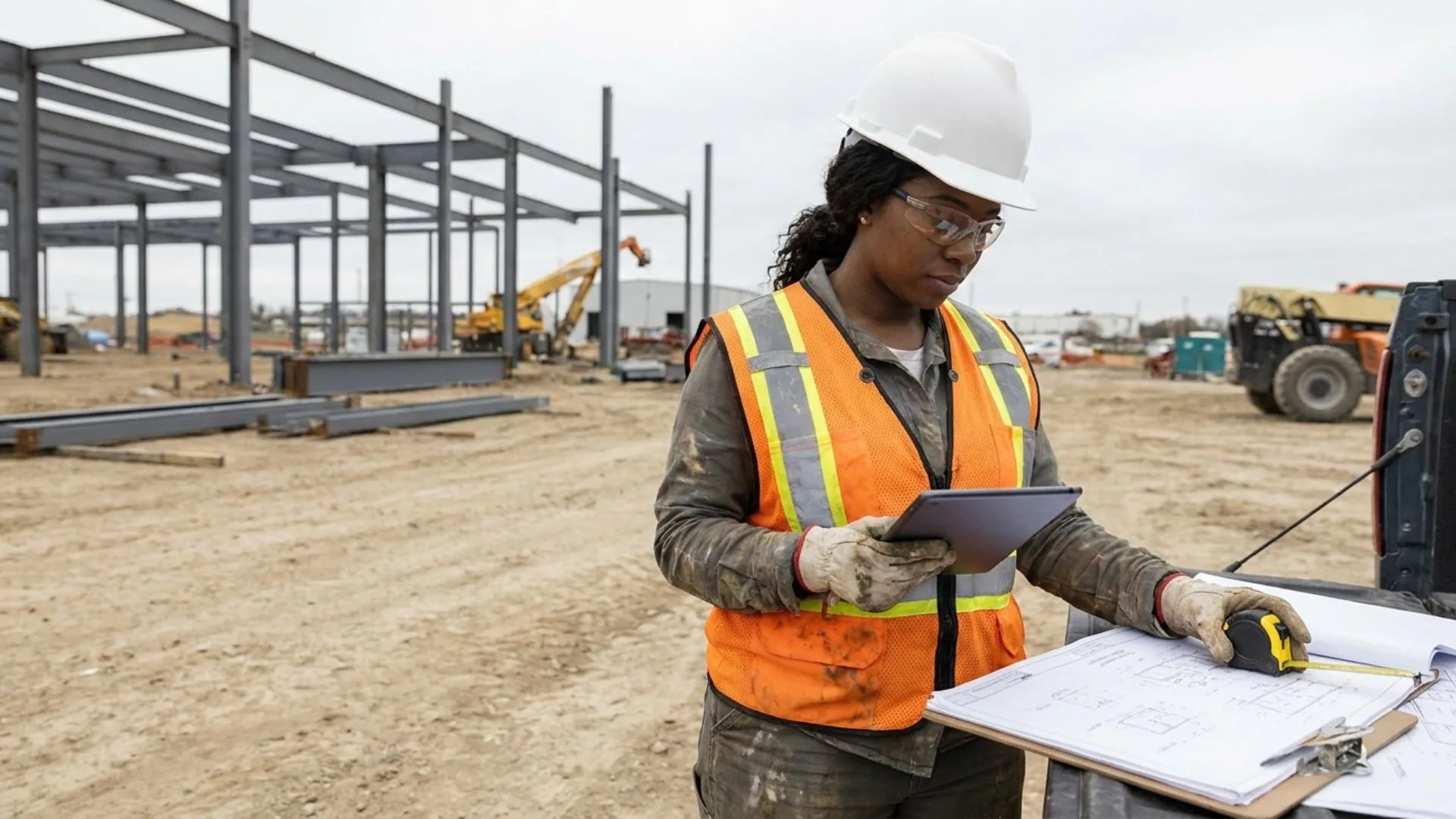 A woman in a hard hat, safety glasses and high visibility vest reviewing site records on a tablet at a construction site.