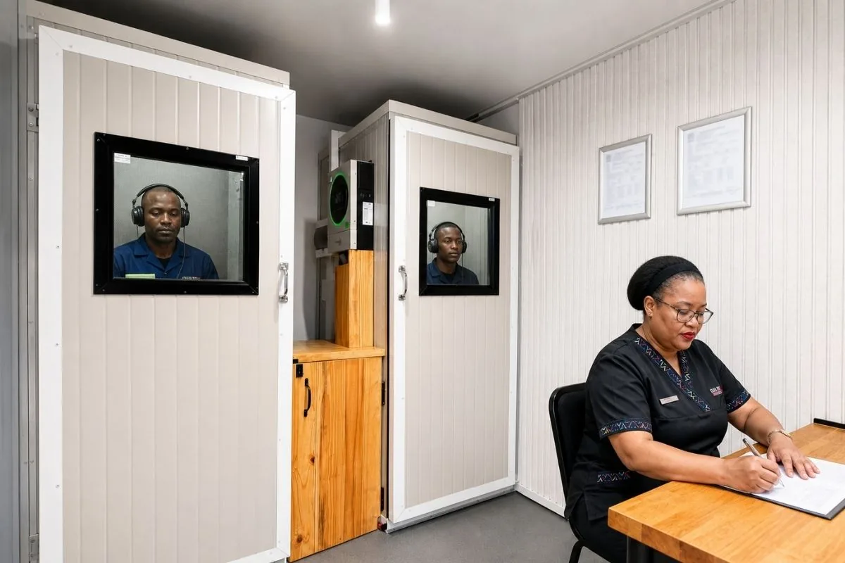 Two audiometry booths inside a Care Net mobile clinic, each with a worker seated wearing headphones, while a Care Net nurse records results at a desk.